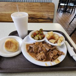 Chick & Sea Foods - Roast, Steamed Potatoes, Okra with Tomatoes & Roll with Iced Tea