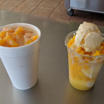 Sonoran Delights - Peach Raspados on the left and Macedonia with mango on the right. - Mexican Near Me - Tucson, Arizona