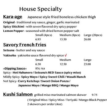 Karaage Setsuna - menu as of Jan 2023 - Japanese Near Me - Seattle, Washington