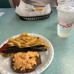 Hwy 55 Burgers Shakes & Fries - Pimento cheeseburger and fries.