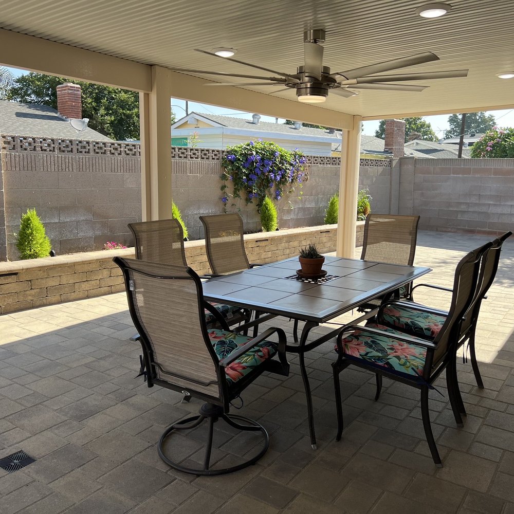 Unique Home Builders - Installed a new 28' X 11' alumina wood patio with 6 - four inch can lights and a large outdoor fan. - Masonry/Concrete Near Me - Encino, California