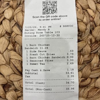 The Barn - Receipt of our meal! - Pizza Near Me - Zanesville, Ohio The Barn - Receipt of our meal! - Pizza Near Me - Zanesville, Ohio
