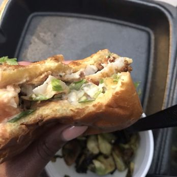 Hook Line & Schooner - Lunch grouper sandwich fried with Crispy Parmesan Brussels Sprouts - American Near Me - Smyrna, Georgia