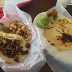 Guanajuato Restaurant - 2 Tacos (Asada & Suadero) and a Pork/Cheese Pupusa.
