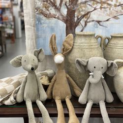 Urban Basics and Co. - Children's Stuffies, a mouse, a donkey, and an elephant, add a checkered blanket you have a winning combo.