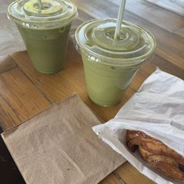 matcha latte with oatmilk (on right) matcha latte with oatmilk (on right)