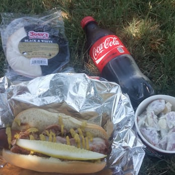 Gandolfo's - Pastrami dog combo (hot dog, pastrami, spicy brown mustard, and a pickle) potatoe salad, black and white cookie. - Delis Near Me - Dallas, Texas
