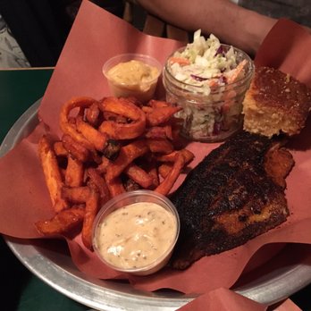 The Lancaster Smokehouse - Blackened Catfish with sweet potato fries, coleslaw and cornbread. - Smokehouse Near Me - Kitchener, Ontario The Lancaster Smokehouse - Blackened Catfish with sweet potato fries, coleslaw and cornbread. - Smokehouse Near Me - Kitchener, Ontario