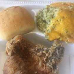 The Cafeteria at Wayne Memorial Hospital - Lunch options Pork Chop, broccoli rice casserole and a yeast roll