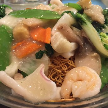 Fortune Garden - Seafood chow mein (squid, prawn, and fish) served Hong Kong-style over crispy noodles, with gravy. - Seafood Near Me - Seattle, Washington