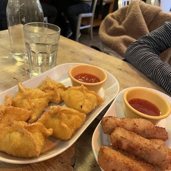 Red Bamboo - Crab Rangoon ($12) - left; Almond Coconut Chicken ($12) - right - Vegetarian Near Me - New York, New York