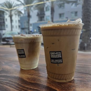 INC Coffee Roasters - Sweet creme latte w/ oatmilk (left) + Spanish mocha w/ oatmilk (right) - Coffee Roasteries Near Me - Huntington Beach, California