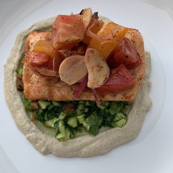The Corner - King Salmon, prepared perfectly with a nice veggies and hummus - New American Near Me - Huntington Beach, California The Corner - King Salmon, prepared perfectly with a nice veggies and hummus - New American Near Me - Huntington Beach, California
