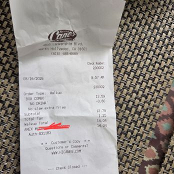 Raising Cane's Chicken Fingers - My receipt - Fast Food Near Me - North Hollywood, California Raising Cane's Chicken Fingers - My receipt - Fast Food Near Me - North Hollywood, California