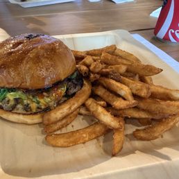 Yuzu kosho burger with sweet potato fries. Yuzu kosho burger with sweet potato fries.
