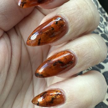 Tips2Toes Nail Salon - Almond acrylic with gold foil and black accents under sheer brown lacquer - Nail Salons Near Me - St. Charles, Illinois Tips2Toes Nail Salon - Almond acrylic with gold foil and black accents under sheer brown lacquer - Nail Salons Near Me - St. Charles, Illinois