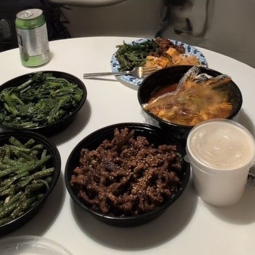 Pea shoots, green beans, fried beef and tofu with pork, white rice Pea shoots, green beans, fried beef and tofu with pork, white rice