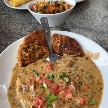 Another Broken Egg Cafe - Mardi Gras omelette with loaded potatoes  Lobster and city grits sans lobster (shellfish allergy) - Breakfast & Brunch Near Me - Fishers, Indiana