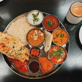 New Indian Restaurant - Non-Vegetarian Thali and Tea and Garlic Naan - Indian Near Me - Upland, California