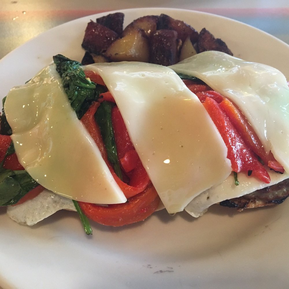 Connie's Kitchen - Opened face egg sandwich with spinach sausage and roasted peppers on English muffin- sooo good! - Breakfast & Brunch Near Me - Wallingford, Connecticut