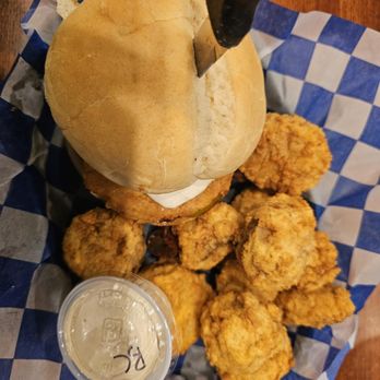 Tycoon Flats - big burger with fabulous fried mushroom and a side of blue cheese dressing - American Near Me - San Antonio, Texas Tycoon Flats - big burger with fabulous fried mushroom and a side of blue cheese dressing - American Near Me - San Antonio, Texas