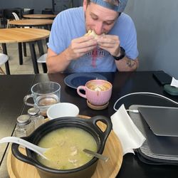 Aida’s Cafe - Hash brown wrap, latte and chicken and rice soup
