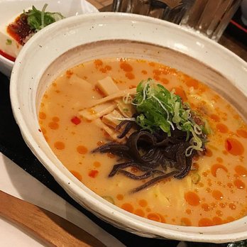Ramen Isshin - Spicy veggie miso ramen with vegan noodles and cold tofu appetizer on the side. - Ramen Near Me - Toronto, Ontario