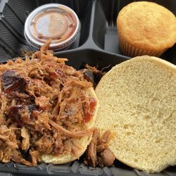 Good Eats BBQ - Pulled pork sandwich w/cornbread.