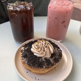 Hook And Press Donuts - S'moreo donut, cold brew, & rose mylk latte - Donuts Near Me - Santa Barbara, California Hook And Press Donuts - S'moreo donut, cold brew, & rose mylk latte - Donuts Near Me - Santa Barbara, California