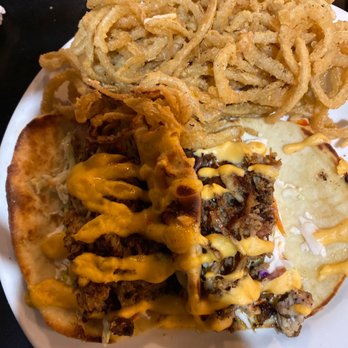 Ro's Grille - 3 little pigs pork taco with beer cheese and Cole slaw. Also homemade onion rings. - Seafood Near Me - Athens, Alabama Ro's Grille - 3 little pigs pork taco with beer cheese and Cole slaw. Also homemade onion rings. - Seafood Near Me - Athens, Alabama