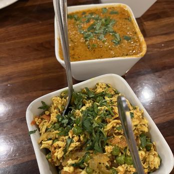 Salt and Pepper Indian Cuisine - Front: Paneer Bhurji  Back: Mutter Paneer - Indian Near Me - High Point, North Carolina