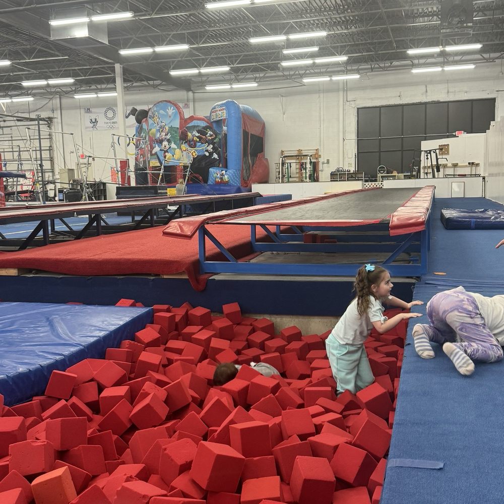 Long trampoline into foam pit Long trampoline into foam pit
