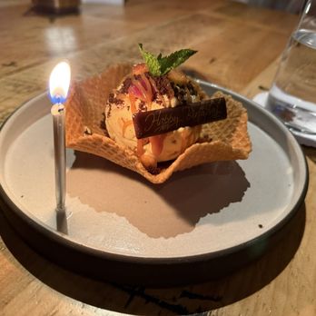 Prime 131 - Complementary peach ice cream birthday dessert - Steakhouses Near Me - Houston, Texas