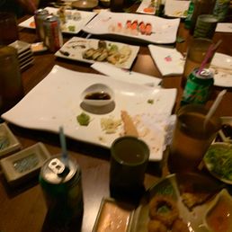 a table full of food and drinks