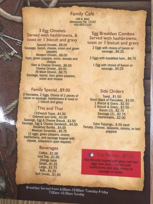 Menu photo 1 Family Cafe Hennessey, OK