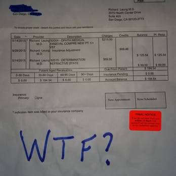 Richard J Leung, MD - $194 on top of the $128 I already paid them. For an eye exam and some glasses. WTF? - Optometrists Near Me - San Diego, California Richard J Leung, MD - $194 on top of the $128 I already paid them. For an eye exam and some glasses. WTF? - Optometrists Near Me - San Diego, California