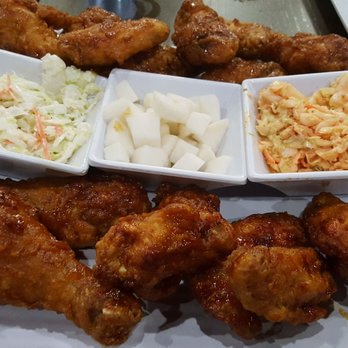 Bonchon Sunnyvale - Half & Half Soy Garlic and Spicy Bon Chon Chicken Wings and Drumsticks with Coleslaw, Pickled Radish & Kimchee Coleslaw for sides. - Chicken Wings Near Me - Sunnyvale, California Bonchon Sunnyvale - Half & Half Soy Garlic and Spicy Bon Chon Chicken Wings and Drumsticks with Coleslaw, Pickled Radish & Kimchee Coleslaw for sides. - Chicken Wings Near Me - Sunnyvale, California