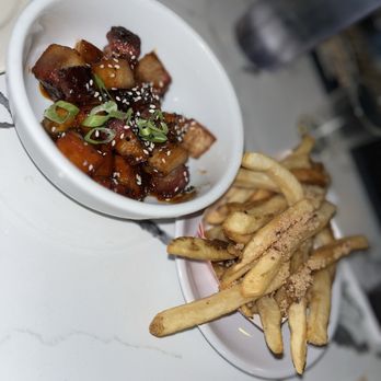 Repeal Bourbons and Burgers - Pork belly burnt ends & side of fries with bacon dusting. - Burgers Near Me - Virginia Beach, Virginia Repeal Bourbons and Burgers - Pork belly burnt ends & side of fries with bacon dusting. - Burgers Near Me - Virginia Beach, Virginia