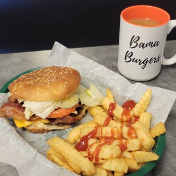 Bama Burgers 2 - a plate of fries and a cup of coffee - Burgers Near Me - Pelham, Alabama