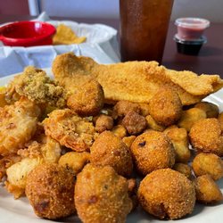 Mariscos Lozano's Cafe - Seafood combo w/ fried catfish, fried shrimp, fried oysters, hush puppies, and fried okra