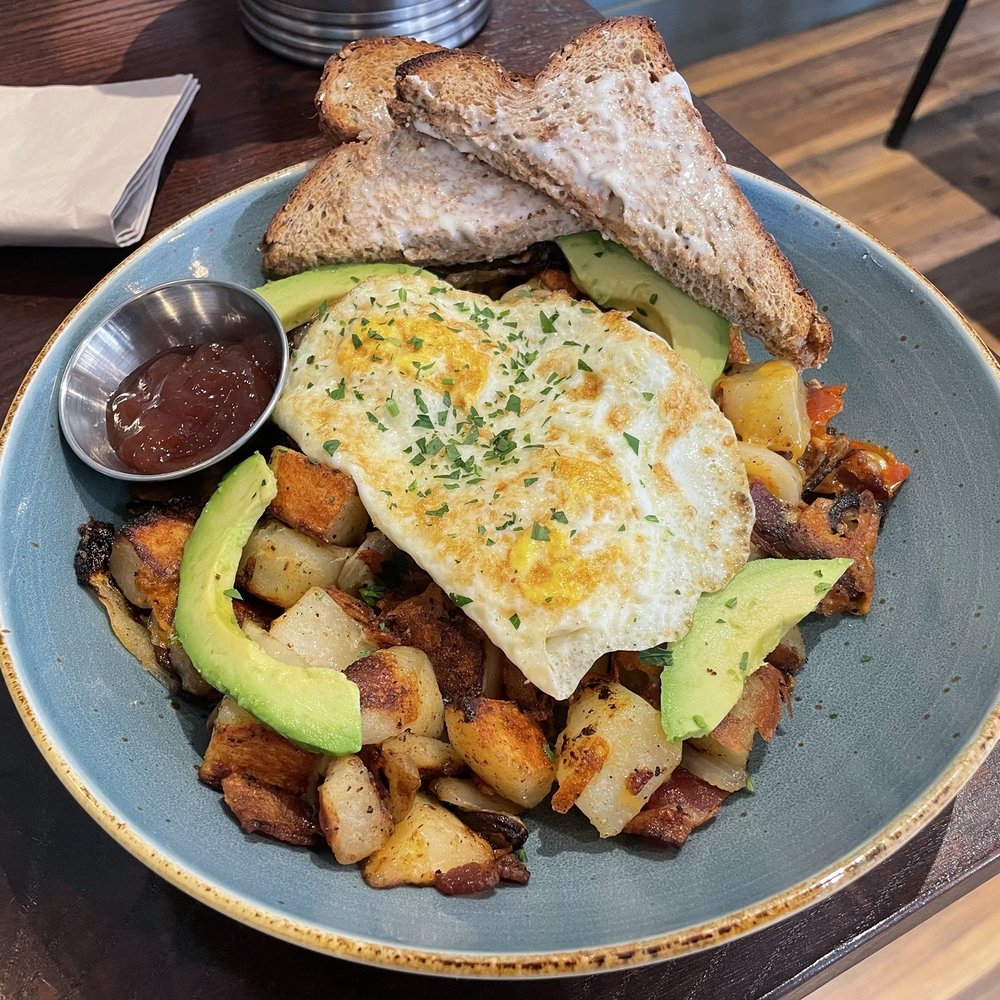 First Watch - Honey Chipotle Chicken Hash with a slice of buttered toast. - Breakfast & Brunch Near Me - Alexandria, Virginia First Watch - Honey Chipotle Chicken Hash with a slice of buttered toast. - Breakfast & Brunch Near Me - Alexandria, Virginia