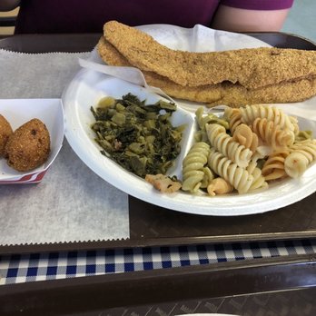 Uncle Larry's - Fried Cajun whiting with colllards and pasta salad - Seafood Near Me - Chattanooga, Tennessee Uncle Larry's - Fried Cajun whiting with colllards and pasta salad - Seafood Near Me - Chattanooga, Tennessee