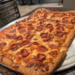 Demo's Pizza Factory - Square pepperoni. Looks better than it tasted. Very, very, very average at best.