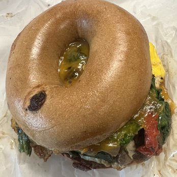 Yorgo's Bageldashery - Inside out omelette with cheese and turkey sausage on a cinnamon raisin bagel - Bagels Near Me - Norfolk, Virginia