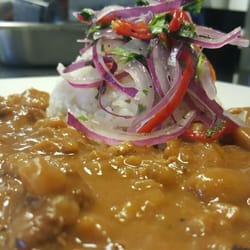 Carapulca, a sun dried potato stew with sarsa criolla