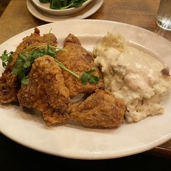 The Kettle - Buttermilk Honey Fried Chicken, Red Skinned Mashed Potatoes and gravy, Sautéed Garlic Spinach - Diners Near Me - Manhattan Beach, California