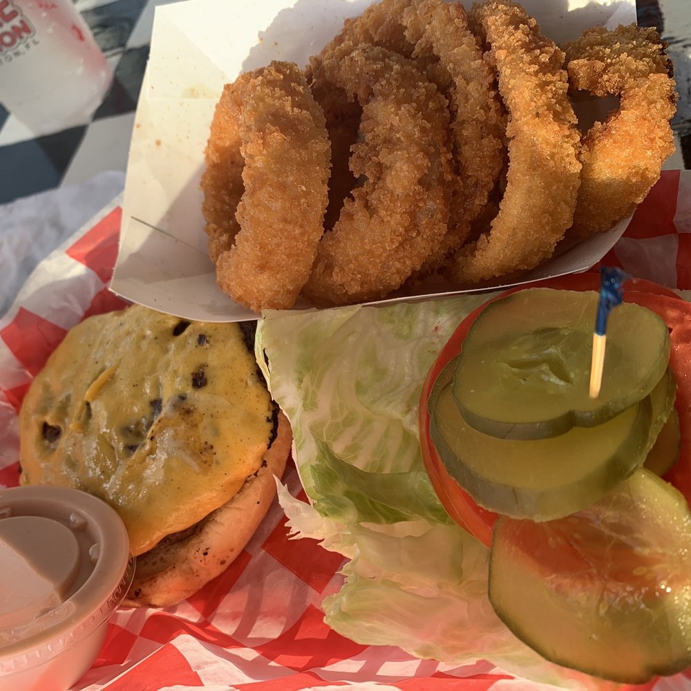 Shake Station - Kids meal cheeseburger with veggies added. Side of onion rings. Deliciously crisp and filling - American Near Me - Ellenton, Florida Shake Station - Kids meal cheeseburger with veggies added. Side of onion rings. Deliciously crisp and filling - American Near Me - Ellenton, Florida