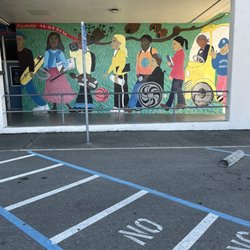 Mural depicting students at the side of the school