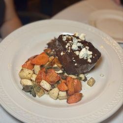 Casbah - Filet mignon with crispy potato cake, roasted root vegetables, tahini jus, and blue cheese