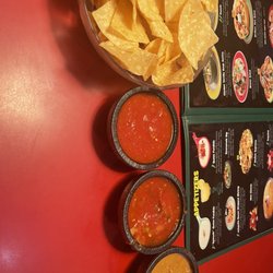 Chips and salsa with bean dip